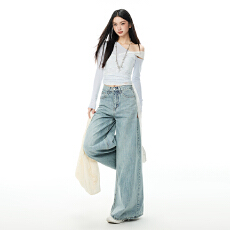 批发<b class='q'>韩国</b>东大门女装 春款扫地<b class='q'>牛仔裤</b>靛蓝水洗亚文化阔腿象腿大裤脚裤