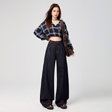 批发网红同款美式防褪色垂感阔腿裤女复古水洗春秋宽松直筒<b class='q'>绣花</b><b class='q'>牛仔裤</b>