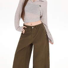 批发<b class='q'>韩国</b>单 咖色高级垂感弯刀<b class='q'>牛仔裤</b>女新款美拉德高腰宽松阔腿女裤