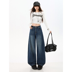 批发<b class='q'>韩国</b>单阔腿直筒弯刀<b class='q'>牛仔裤</b>女2026春季新款复古刺绣高腰宽松拖地裤