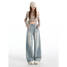 批发韩系高腰宽松显瘦烟花烫钻拖地<b class='q'>裤</b>女2026新款复古辣妹设计感牛仔<b class='q'>裤</b>