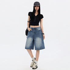 批发抖音爆款美式阔腿五分牛仔中裤<b class='q'>女</b>2026春夏新款莱赛尔天丝全竹<b class='q'>短裤</b>