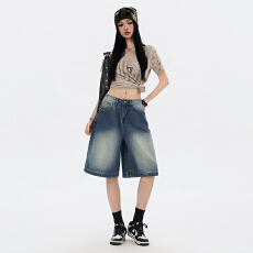 批发网红同款 美式复古阔腿中裤<b class='q'>女</b>2026春夏新款高腰显瘦五分牛仔<b class='q'>短裤</b>