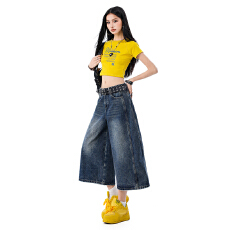 批发网红同款美式复古宽松阔腿中<b class='q'>裤</b>女2026春夏高腰显瘦七分八分牛仔<b class='q'>裤</b>