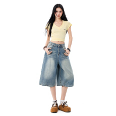 批发抖音爆款美式宽松阔腿八分<b class='q'>裤</b>女2026春夏高腰显瘦复古七分牛仔中<b class='q'>裤</b>