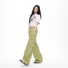 批发跨境柠檬色显瘦拖地牛仔裤女 26 春夏新款美式高腰多口袋休闲<b class='q'>女裤</b>