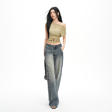 批发跨境美式复古低腰微直筒裤子女 2026 春夏新款重工水洗宽松喇叭裤