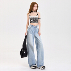 批发得物高品质夏季宽松破洞<b class='q'>牛仔裤</b>女浅蓝色直筒阔腿垂感显瘦新款裤子