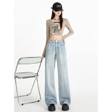 批发日系显瘦提臀阔<b class='q'>腿</b>牛仔拖地<b class='q'>裤</b>女2026秋新款个性织带设计高腰直筒<b class='q'>裤</b>