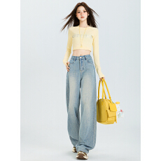 批发韩国东大门女装 2026秋季丹宁蓝拖地<b class='q'>裤</b>女高腰显瘦直筒阔腿牛仔<b class='q'>裤</b>