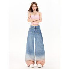 批发网红同款 高腰渐变色直筒牛仔<b class='q'>裤</b>女2025秋新款宽松显瘦阔<b class='q'>腿</b>拖地<b class='q'>裤</b>