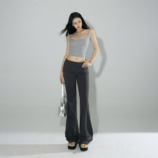 批发日本单春夏新款辣妹风低腰喇叭裤翻边腰设计弹力显瘦瑜伽休闲<b class='q'>女裤</b>