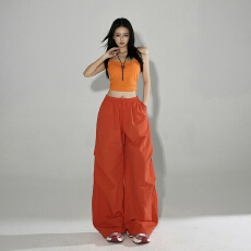 批发日系春夏美式复古<b class='q'>休闲裤</b>新款高腰松紧抽绳腰宽松阔腿直筒百搭女裤