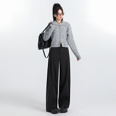 批发得物高品质显高显瘦毛呢直筒西<b class='q'>装</b><b class='q'>裤</b>女秋冬黑色垂感高腰拖地阔腿<b class='q'>裤</b>