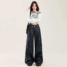 批发南油高品质美式高街复古工装皮裤女春秋黑色高腰机能风机车阔腿裤