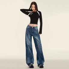 批发直播秋季美式复古神<b class='q'>裤</b>重工水洗质感低腰阔腿宽松显瘦牛仔休闲女<b class='q'>裤</b>