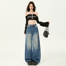 批发网红同款 高腰<b class='q'>提</b><b class='q'>臀</b>美式复古牛仔女<b class='q'>裤</b>2026春季上新阔腿显瘦拖地款