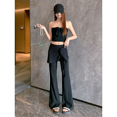 批发韩国单温柔感假两件<b class='q'>休闲裤</b>春夏薄款屁帘系带修身微喇显瘦洋气女裤