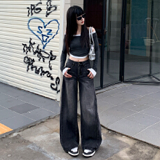 批发直播2026春款拼接牛仔神裤重工美式工艺高腰弯刀显瘦直筒阔腿<b class='q'>女裤</b>