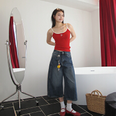 批发日系【大理日志】深迪蓝复古水洗<b class='q'>高腰</b>宽松阔腿七分牛仔裤显瘦百搭