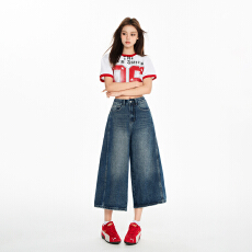 批发韩系2026夏季氛围感做旧牛仔复古水洗质感<b class='q'>高腰</b>阔腿显气质七分女裤