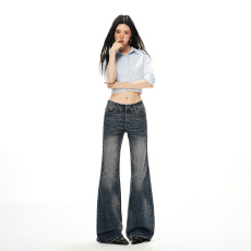 批发抖音爆款26<b class='q'>秋冬</b>氛围感无弹牛仔美式水洗做旧中低腰显高拖地女长裤