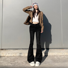批发抖音爆款高街复古黑色喇叭裤女<b class='q'>秋</b>冬高腰修身显腿长弹力微喇牛仔裤