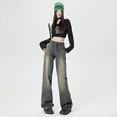 批发直播 街头氛围感暗影蓝牛仔裤清新少女款调节裤腰小直筒阔腿女裤