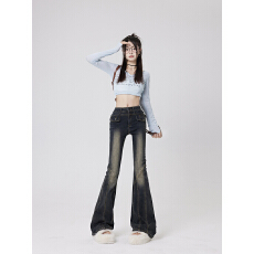 批发韩国东大门女装氛围感复古甜妹喇叭裤软萌调性层次感微喇牛仔裤女