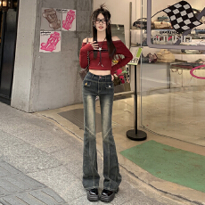 批发得物高品质甜妹专属设计感牛仔裤层次感拼接弹力高腰复古微喇裤子