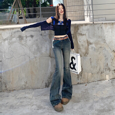 跨境 个性扎染水洗做旧牛仔裤 复古甜妹弹力版型日常百搭微喇长裤