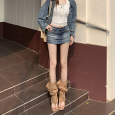 批发韩系 水洗做旧牛仔短裙裤女夏季复古蓝色高腰A字弹力包臀半身裤裙