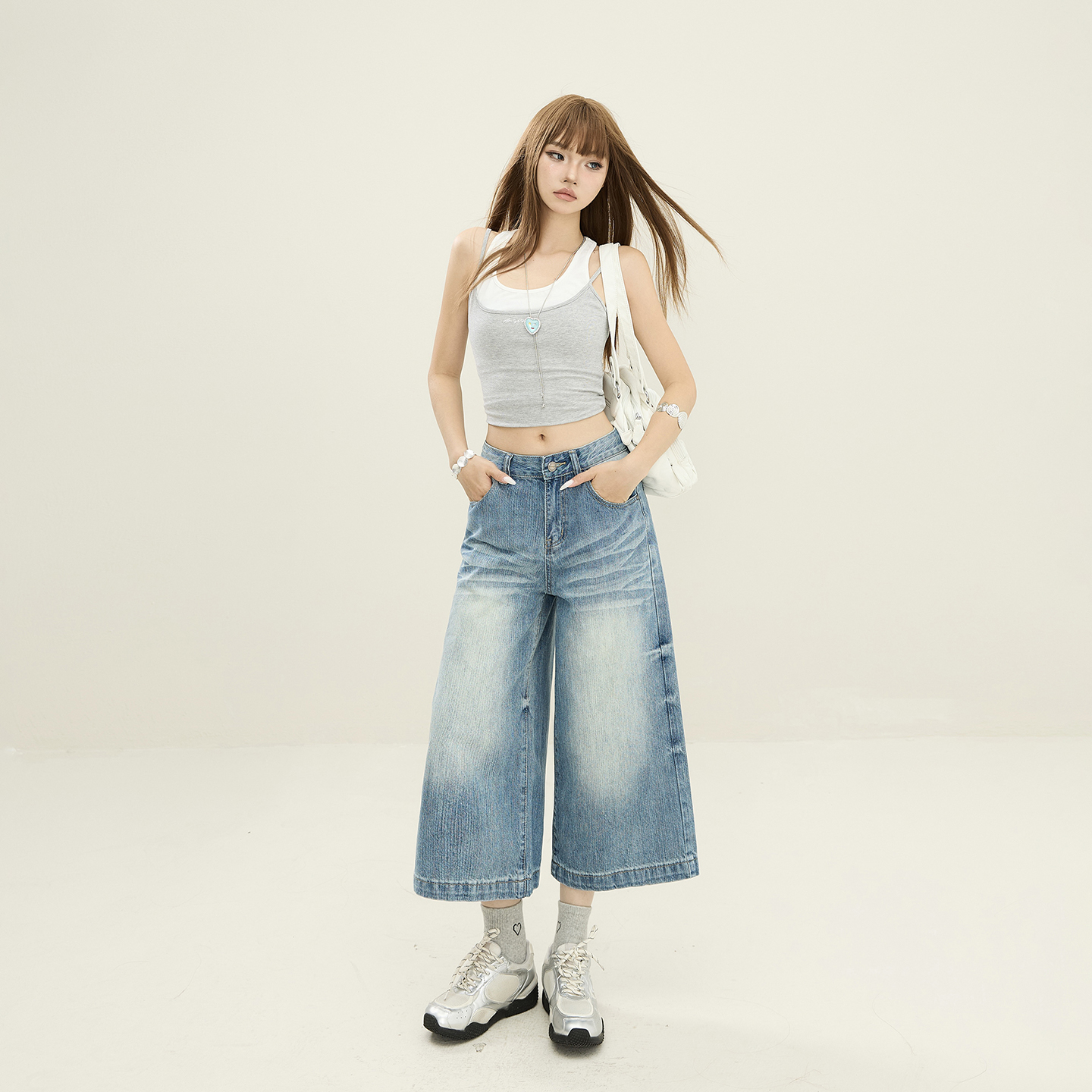 생방송 고양이 곡물 마 오래된 스트레이트 청바지 여성 아메리칸 레트로 워싱 봄 여름 하이웨이스트 루즈핏 슬림해 보이는 7부 바지