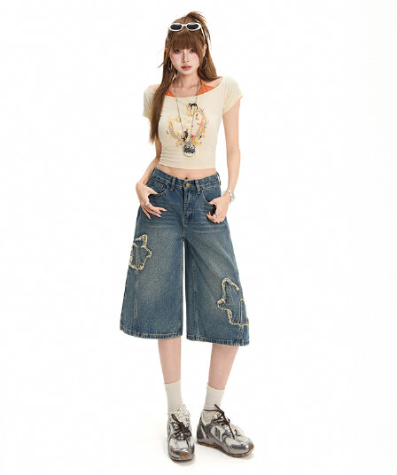 인터넷 유명인 같은 단락 클래식 루즈핏 넓은 다리 데님 바지 여성 아메리칸 마 오래된 별 천 막대기 스트레이트 7부 바지