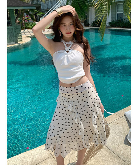 한 부서 다용도 부드러운 바람 잠긴 방콕 열파 느긋한 느슨함 네이티브 센스 도트 무늬 반신 스커트