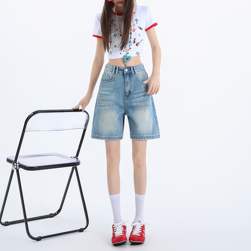 한 부서 여름 다용도 스트레이트 오부 바지 여성 파란색 레트로 하이웨이스트 데님 루즈핏 슬림해 보이는 반바지