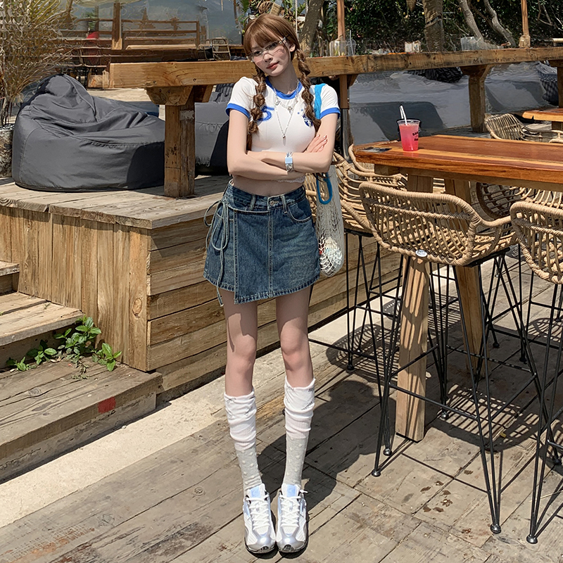 인터넷 유명인 같은 단락 하이웨이스트 a 단어 작은 키 데님 반바지 페이크 레이어드 불규칙 외국 가스 스트랩 치마바지 여성