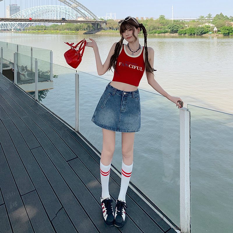 남쪽 기름 높은 품질 여름 아메리칸 핫걸 바람 데님 미니 스커트 레트로 블루 하이웨이스트 표지 넓적 다리 슬림해 보이는 한 마디 치마바지 여성