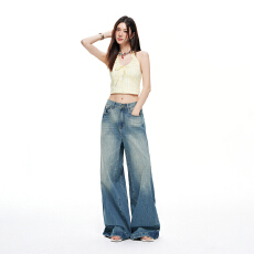 得物高品质竹节纹拖地裤女26夏季新款美式复古巴黎扣设计感牛仔裤
