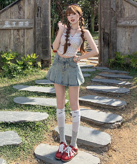 됐어. 개체 높은 품질 봄 여름 슬림해 보이는 데님 미니 스커트 여성 하늘색 하이웨이스트 미니멀리즘 a 단어 플리츠 반신 스커트