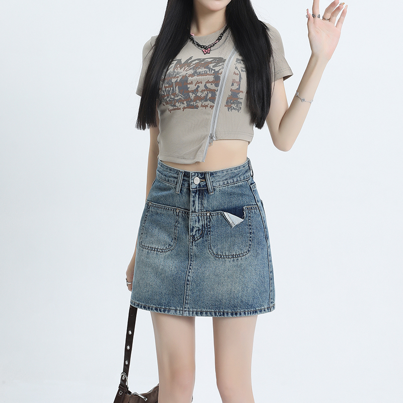 샤오홍 예약하기 추천 분위기 센스 레트로 데님 미니 스커트 여성 하이웨이스트 리프트 엉덩이 슬림해 보이는 노출 방지 안감 a 단어 치마