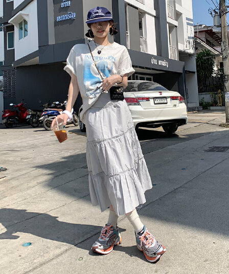 한 부서 보 주님 바람 신선함 얼음 블루 색상 시스템 느긋한 느슨함 센스 주름 롱 코트 반신 스커트