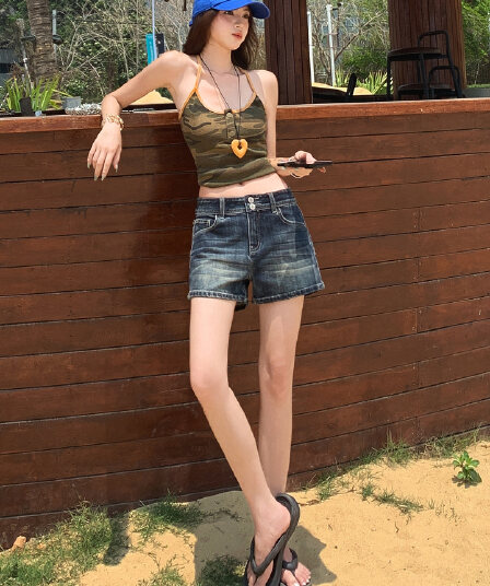 한 국풍 여름 다용도 데님 반바지 로우 웨이스트 루즈핏 넓은 다리 자르기 숨기기 고기 슬림해 보이는 핫걸 바람 반바지