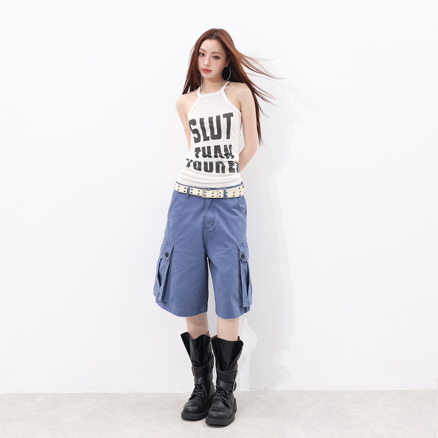 일본 싱글 여름 신제품 ootd 일상 착용 가져 가라. 법 일 블루 루즈핏 넓은 다리 워크웨어 오부 바지 여성