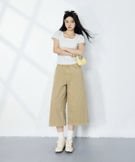 생방송 카키 색 하이웨이스트 넓은 다리 7부 바지 봄 여름 아메리칸 레트로 데님 루즈핏 다용도 바지