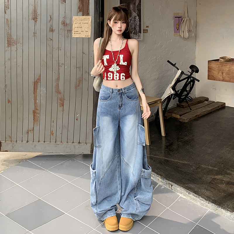 인터넷 유명인 같은 단락 레트로 워크웨어 파란색 데님 모통이 칼 바지 여자 하이웨이스트 루즈핏 슬림해 보이는 와이드 레그 팬츠