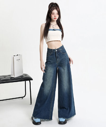 샤오홍 예약하기 추천 레트로 워싱 넓은 다리 청바지 이문화 블랙 회색 대 바지 거친 가장자리 바닥 청소 긴 바지