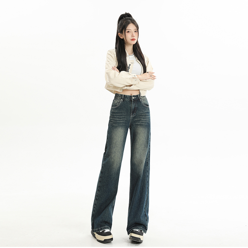 일본 싱글 노스탤지어 블루 워싱 데님 와이드 레그 팬츠 가을 아메리칸 레트로 하이웨이스트 슬림해 보이는 핫걸 바닥 청소 긴 바지