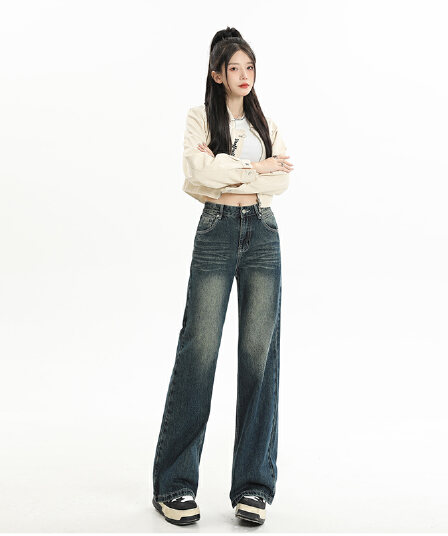 일본 싱글 노스탤지어 블루 워싱 데님 와이드 레그 팬츠 가을 아메리칸 레트로 하이웨이스트 슬림해 보이는 핫걸 바닥 청소 긴 바지