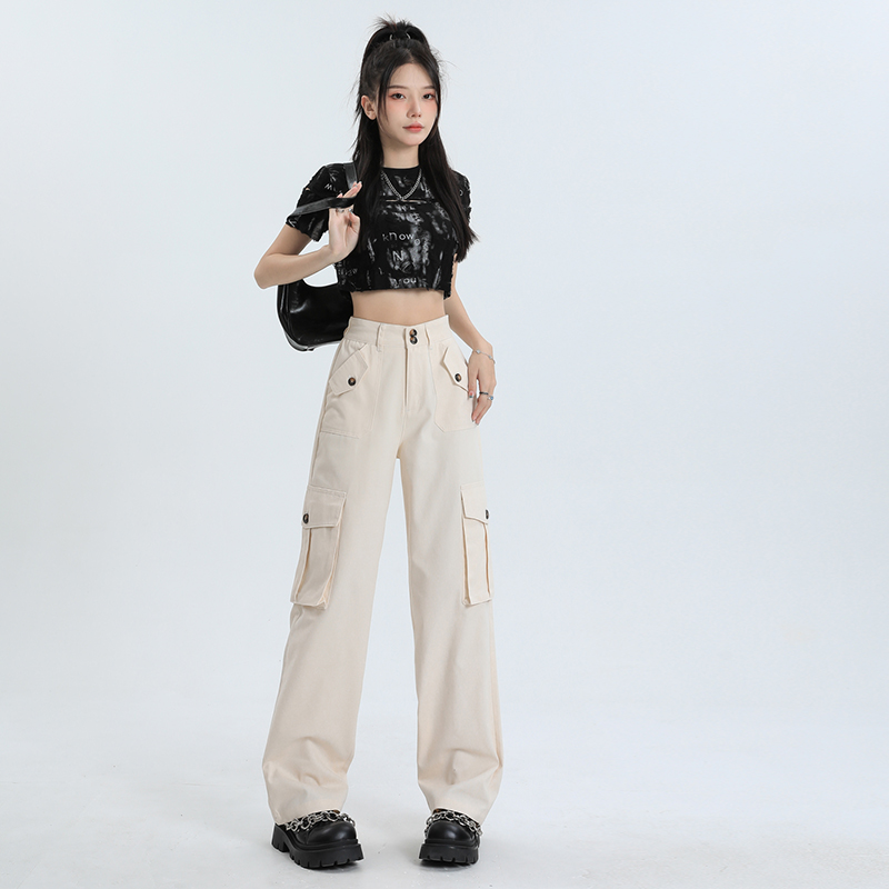흔들어서 톤 폭발 하이웨이스트 핫걸 캐주얼 바지 여름 쌀 화이트 워크웨어 긴 바지 더블 버클 무거운 작업 ins 트렌드 스타일